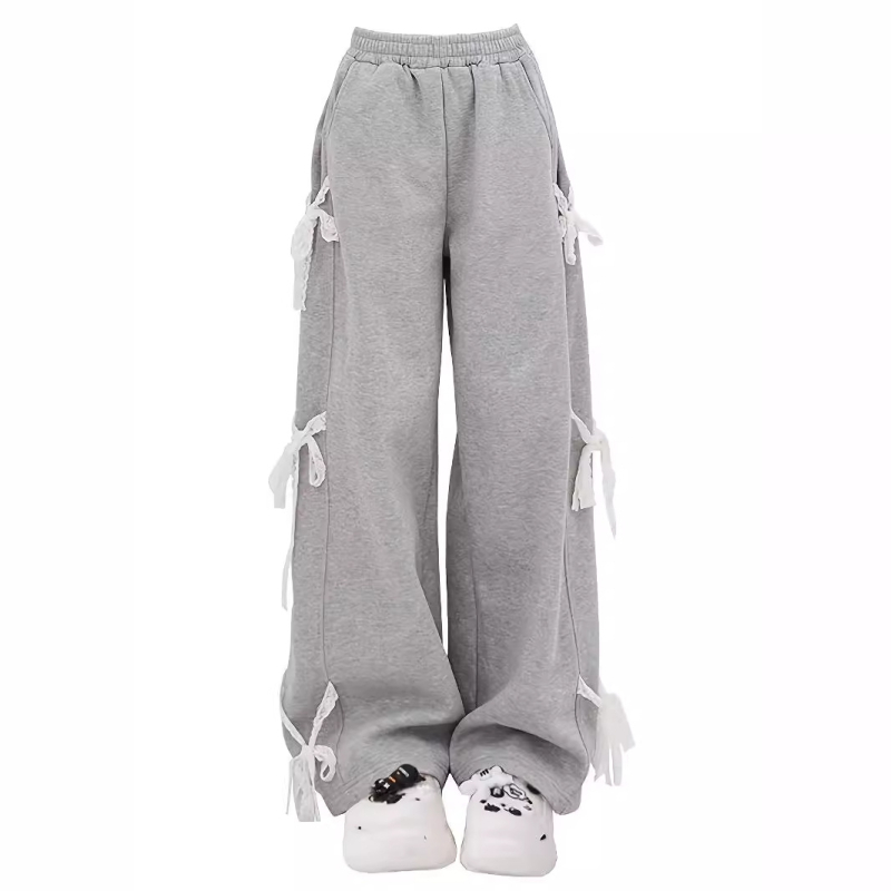 Pantaloni sport casual Y2K gri și negru cu dantelă laterală și talie înaltă, lejeră, cu talie înaltă, pentru femei