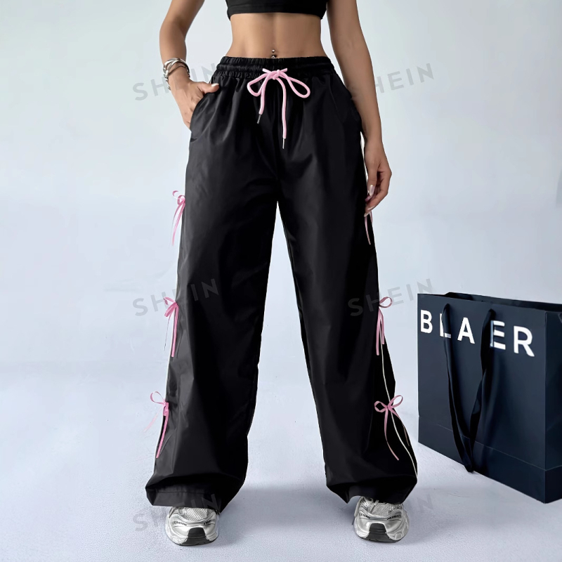 Ulični slatki kul stil s mašnom, visoki struk, široke ravne hlače, ležerne, univerzalne, europske, široke duge hlače