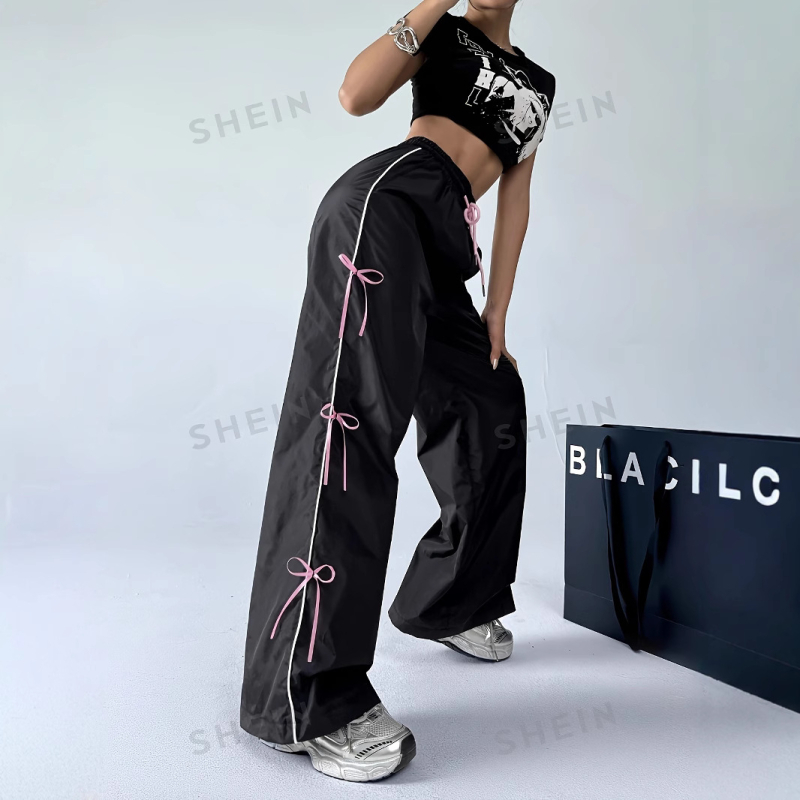Ulični slatki kul stil s mašnom, visoki struk, široke ravne hlače, ležerne, univerzalne, europske, široke duge hlače