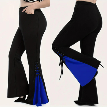 Határokon átnyúló Amazon európai és amerikai női ruházati tavaszi és nyári robbanások divatos hétköznapi kék és fekete színű fűzős dekoratív plus size harangnadrág