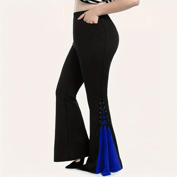 Határokon átnyúló Amazon európai és amerikai női ruházati tavaszi és nyári robbanások divatos hétköznapi kék és fekete színű fűzős dekoratív plus size harangnadrág