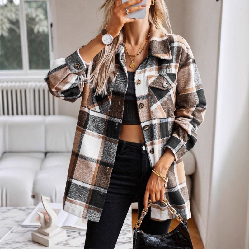 Naiste väliskaubanduse kardiganjakk, kootud ruuduline nööbitava kraega trenšmantel taskutega, Euroopa ja Ameerika stiilis