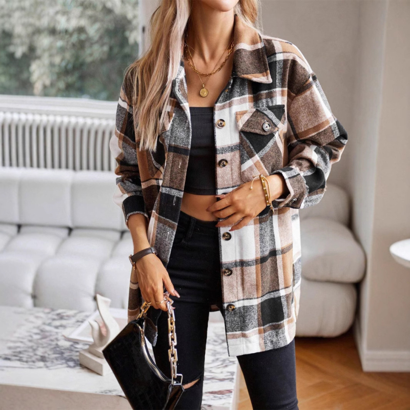 Naiste väliskaubanduse kardiganjakk, kootud ruuduline nööbitava kraega trenšmantel taskutega, Euroopa ja Ameerika stiilis