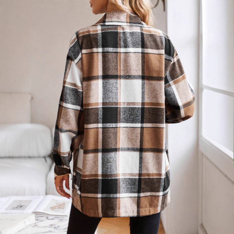 Naiste väliskaubanduse kardiganjakk, kootud ruuduline nööbitava kraega trenšmantel taskutega, Euroopa ja Ameerika stiilis