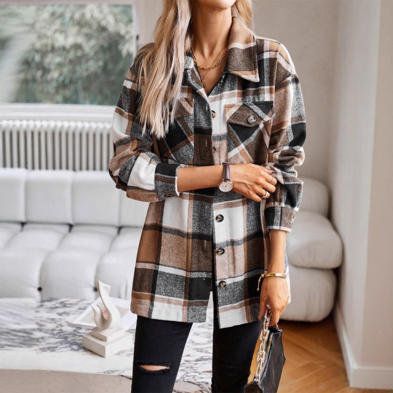 Naiste väliskaubanduse kardiganjakk, kootud ruuduline nööbitava kraega trenšmantel taskutega, Euroopa ja Ameerika stiilis