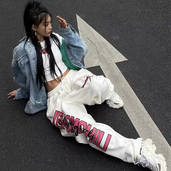 Határokon átnyúló nyomtatott húzózsinóros, combkötős sporttáncnadrág nőknek, magas derekú, bő, széles szárú, egyenes szabású hip-hop jazz lezser nadrág