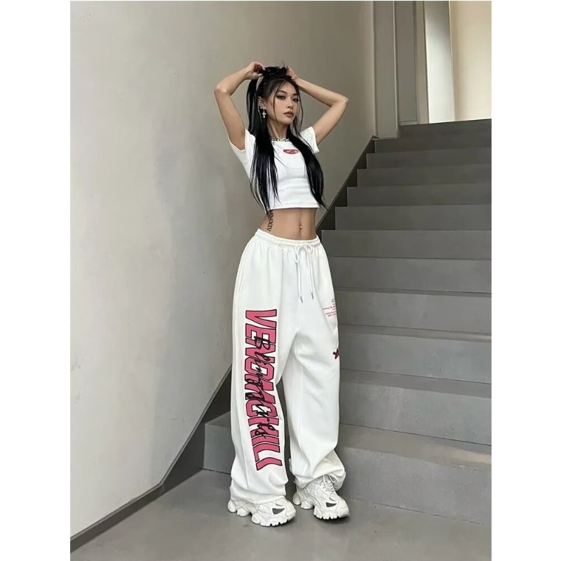 Moteriškos sportinės šokių kelnės su raišteliu ir skersiniais kraštais, aukštu liemeniu, laisvos, plačios, tiesios, hiphopo džiazo laisvalaikio kelnės.