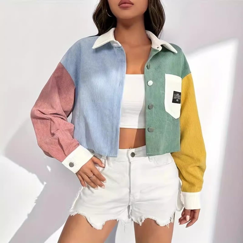 Jachetă scurtă din catifea reiată, cusături contrastante de culoare, subțire, vrac, all-match, casual, 2024, top scurt pentru femei