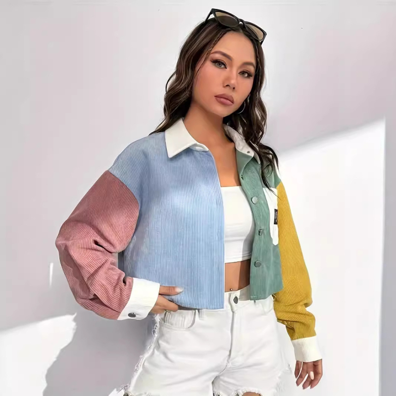 2024. aasta Euroopa ja Ameerika piiriüleste plahvatuste velvetist kontrastvärvi õmblustega õhuke ja lahtine universaalne vabaajajakk, lühike top naistele