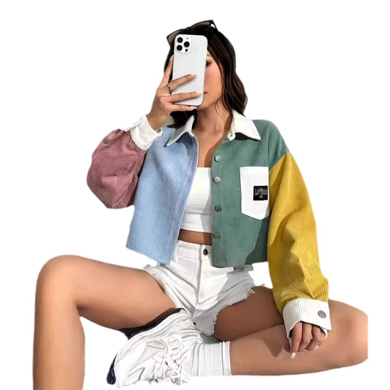 2024. aasta Euroopa ja Ameerika piiriüleste plahvatuste velvetist kontrastvärvi õmblustega õhuke ja lahtine universaalne vabaajajakk, lühike top naistele