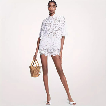 Naiste kaheosalised rõivad, polo kraega, pitsist topp, lühikesed pitsist lühikesed püksid, vabaaja mood, seksikas