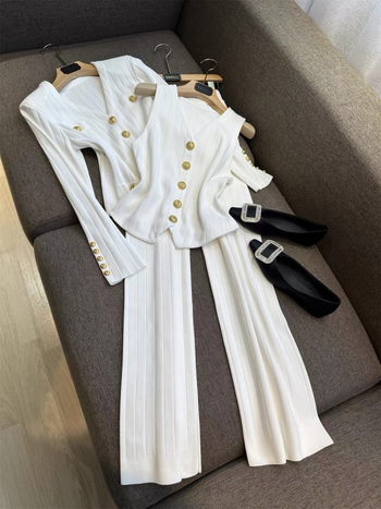 Vanlu elegantne V-kaelusega metallnööpidega lühike kootud kardigan + vest + laiad püksid, moodne ülikond
