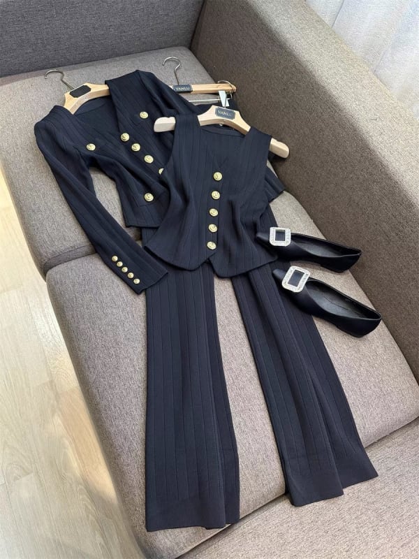 Costum elegant Vanlu cu decolteu în V, nasturi metalici, scurt tricotat, cardigan + vestă + pantaloni cu picior larg