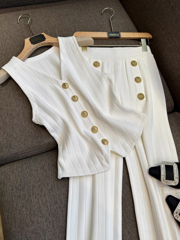 Vanlu elegantne V-kaelusega metallnööpidega lühike kootud kardigan + vest + laiad püksid, moodne ülikond
