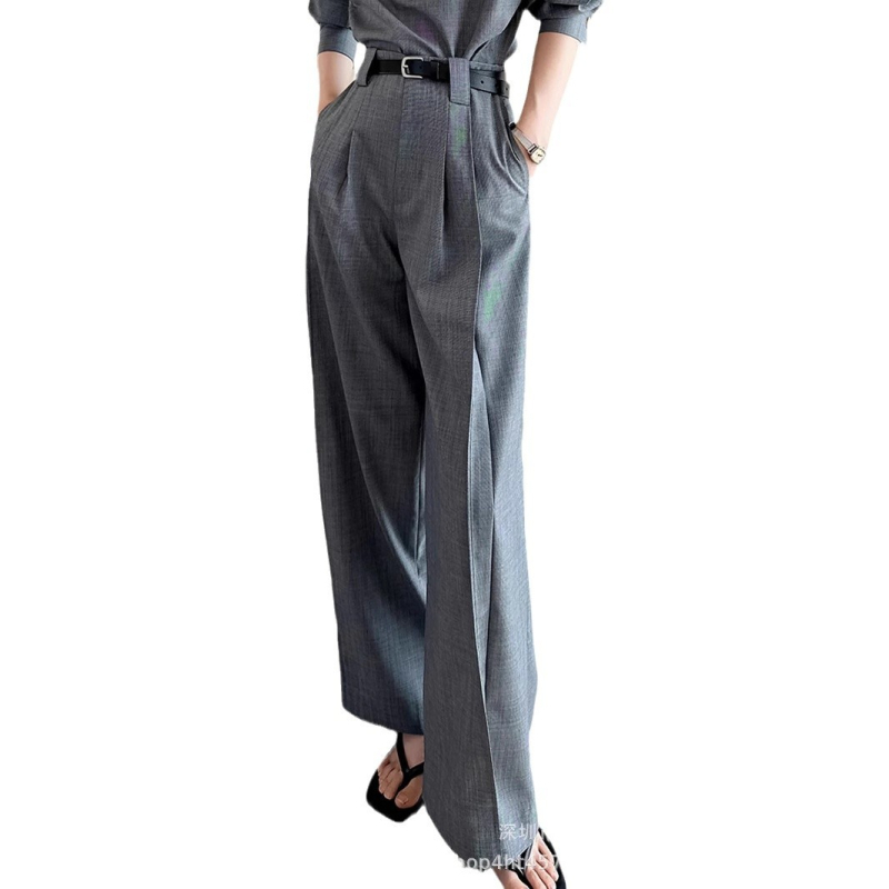 Jednobojne modne hlače visokog struka do poda i širokih nogavica s elegantnim dizajnom, ležerne odijelo koje čini da noge izgledaju duže