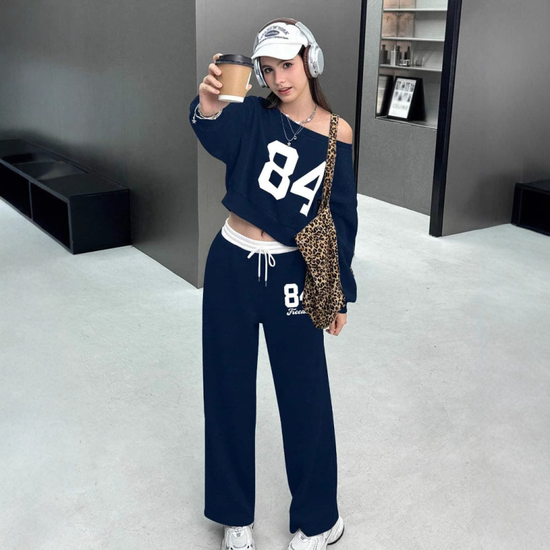 Europski i američki ženski proljetni i jesenski digitalni tisak asimetričnog ovratnika s dugim rukavima i hlačama, ležerni dvodijelni tvornički veleprodajni proizvod