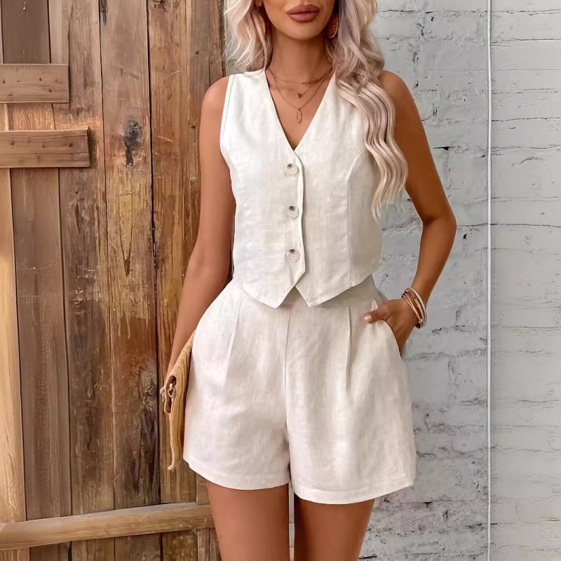 2024 Vestă casual franceză de culoare solidă, pantaloni scurți, costum de femei, culoare europeană americană, Amazon, AliExpress, franceză