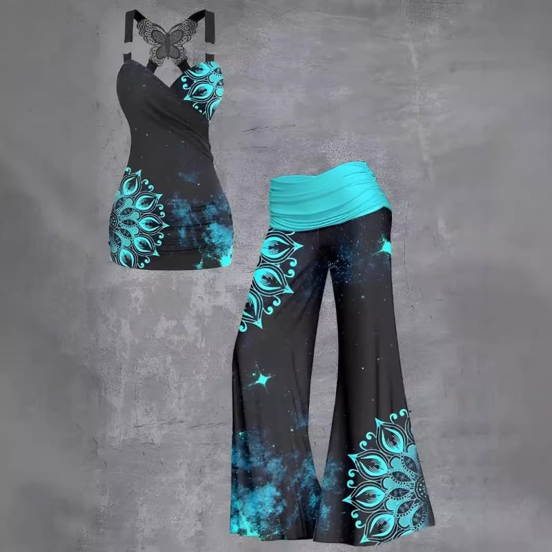 Export transfrontalier 2024 primăvara nouă topuri pentru femei fără mâneci talie tricou clopot pantaloni imprimați costum elegant