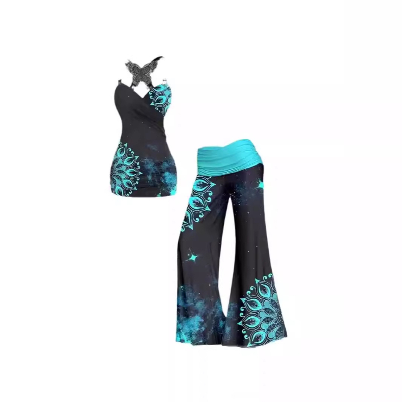 Piiriülene eksport 2024. aasta kevadeks uued naiste topid varrukateta vöökohaga T-särgid kellukesepõhjad püksid trükitud ülikond elegantne