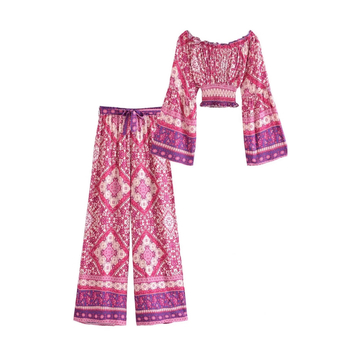 2025. aasta kevad- ja suvekuum soodusmüük, uus Euroopa ja Ameerika stiilis geomeetrilise mustriga ülaosa, kõrge vöökohaga, laiade jalgadega püksid, kaheosaline komplekt