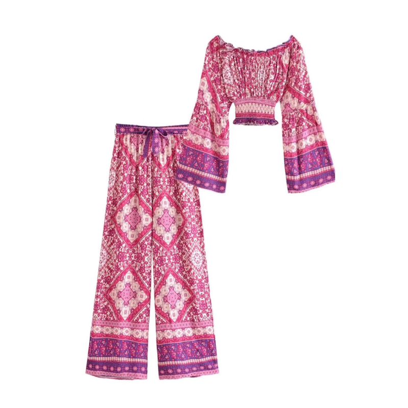 2025. aasta kevad- ja suvekuum soodusmüük, uus Euroopa ja Ameerika stiilis geomeetrilise mustriga ülaosa, kõrge vöökohaga, laiade jalgadega püksid, kaheosaline komplekt