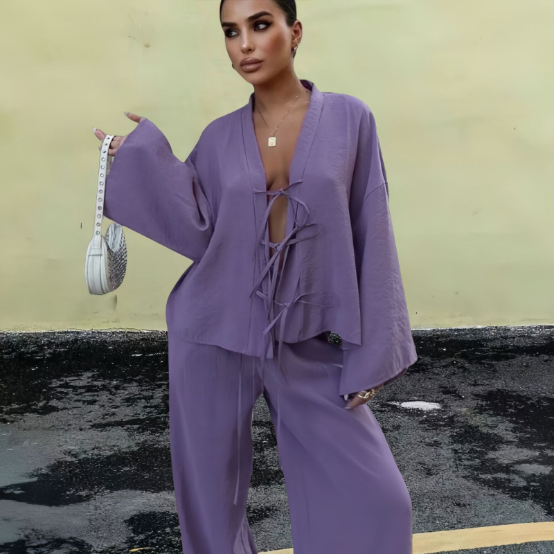 2024. aasta sügisene Euroopa ja Ameerika piiriülene kuum puhkusestiilis paeltega kardiganpüksid, kaheosaline komplekt, naiste laisk mullkortsudega ülikond