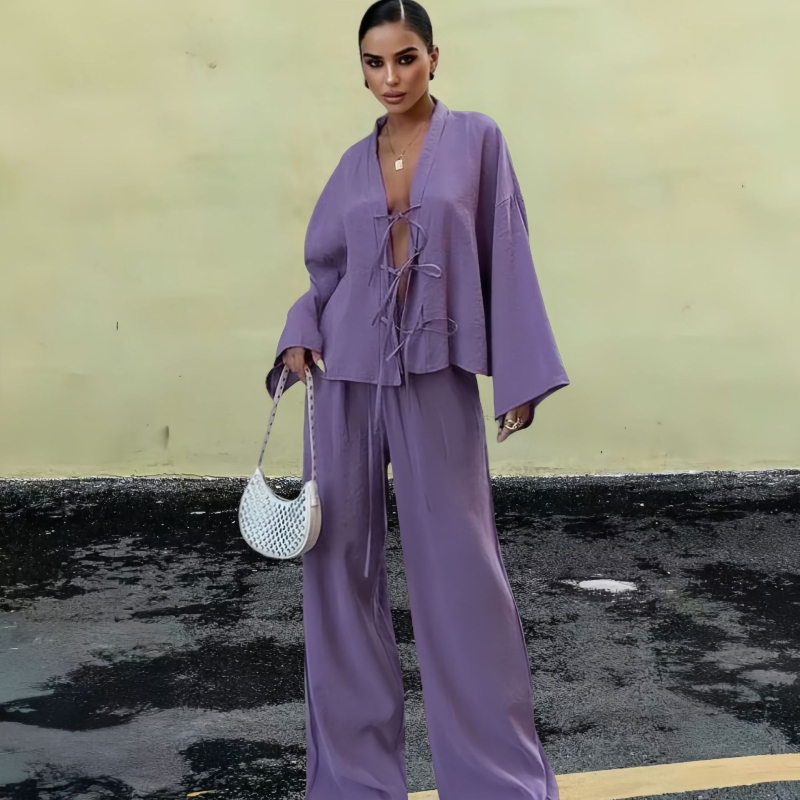 2024. aasta sügisene Euroopa ja Ameerika piiriülene kuum puhkusestiilis paeltega kardiganpüksid, kaheosaline komplekt, naiste laisk mullkortsudega ülikond