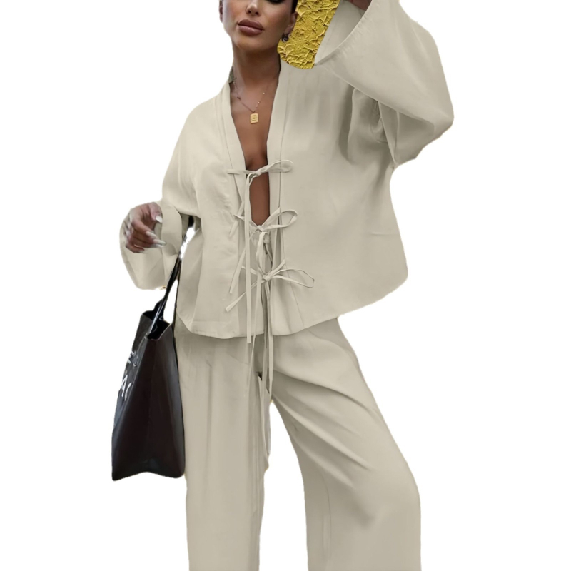 2024. aasta sügisene Euroopa ja Ameerika piiriülene kuum puhkusestiilis paeltega kardiganpüksid, kaheosaline komplekt, naiste laisk mullkortsudega ülikond