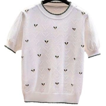 Novi pleteni proljetno/ljetni top od svile s okruglim izrezom i kratkim rukavima, pleten s prekograničnim uzorkom i vezom, svestran, ležeran, moderan i elegantan