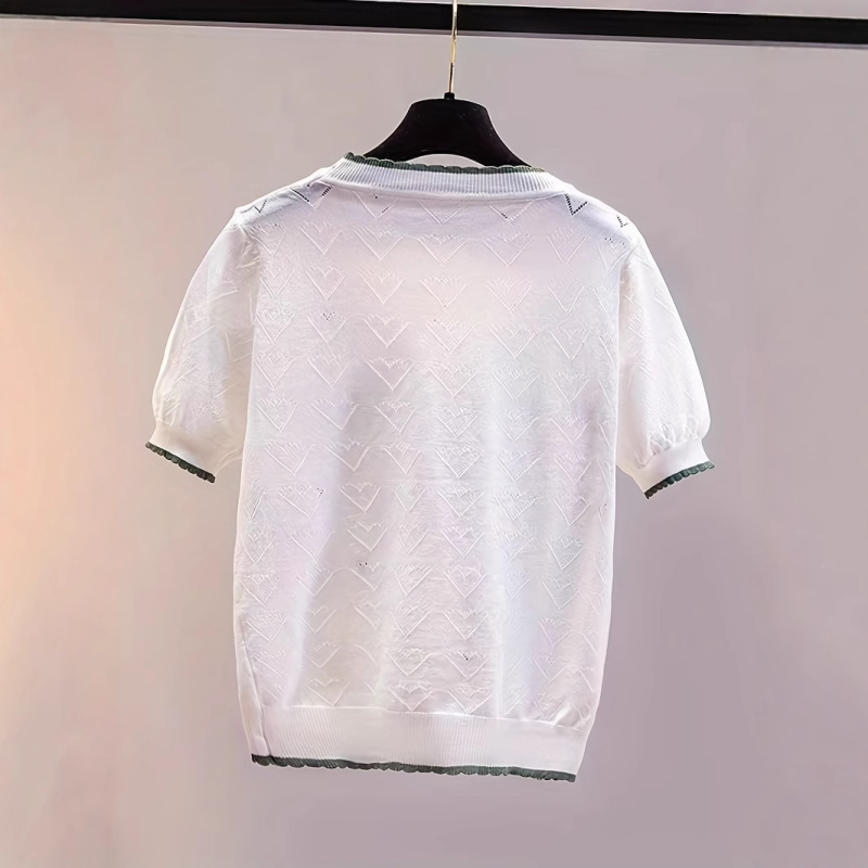 Novi pleteni proljetno/ljetni top od svile s okruglim izrezom i kratkim rukavima, pleten s prekograničnim uzorkom i vezom, svestran, ležeran, moderan i elegantan