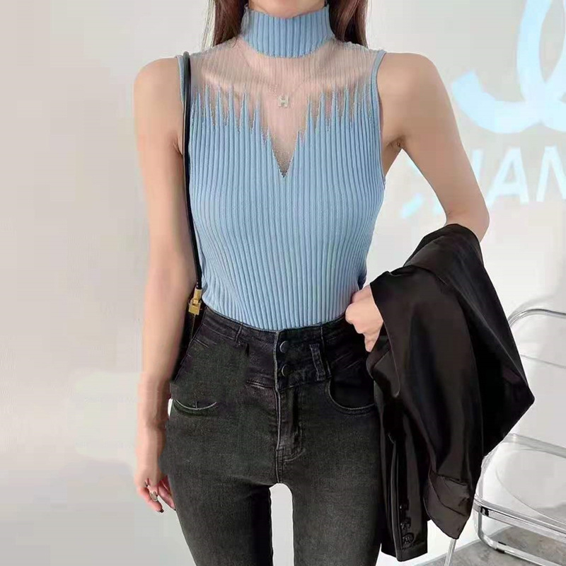 Tinklinis tuščiaviduris mažo dydžio moteriškas apatinis trikotažas 2024 m. pavasario ir rudens megztas palaidinė be rankovių su puse golfo apykaklės