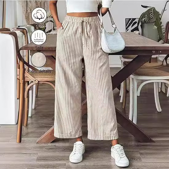 „Amazon Winins“ moteriškos dryžuotos kelnės su raišteliu, plačios klešnės su atvartais ir kišenėmis. Laisvalaikio moteriškos kelnės.