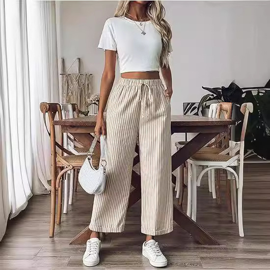 „Amazon Winins“ moteriškos dryžuotos kelnės su raišteliu, plačios klešnės su atvartais ir kišenėmis. Laisvalaikio moteriškos kelnės.