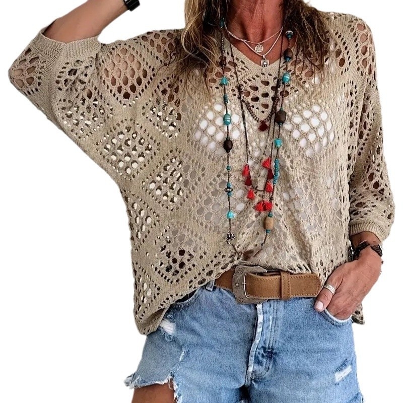 Europski i američki Amazon novi šuplji V-izrez sa sedam rukava, ženska ljetna bluza za plažu, široki pulover