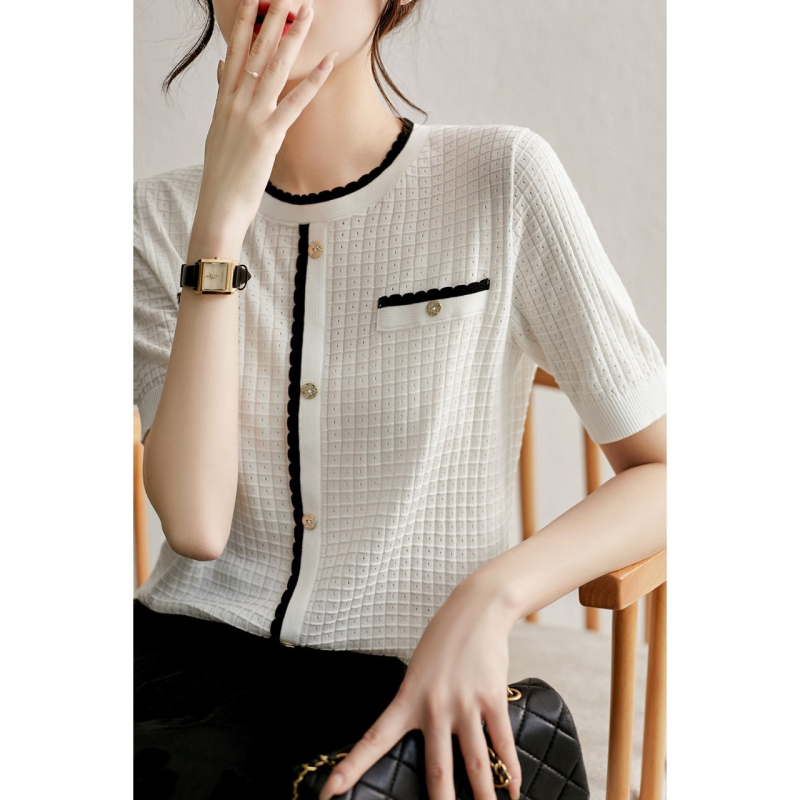 Chanel stil ledeno svilene pletenine za žene, ljeto 2023., nova vrhunska modna majica kratkih rukava, ženska tanka odjeća u japanskom stilu