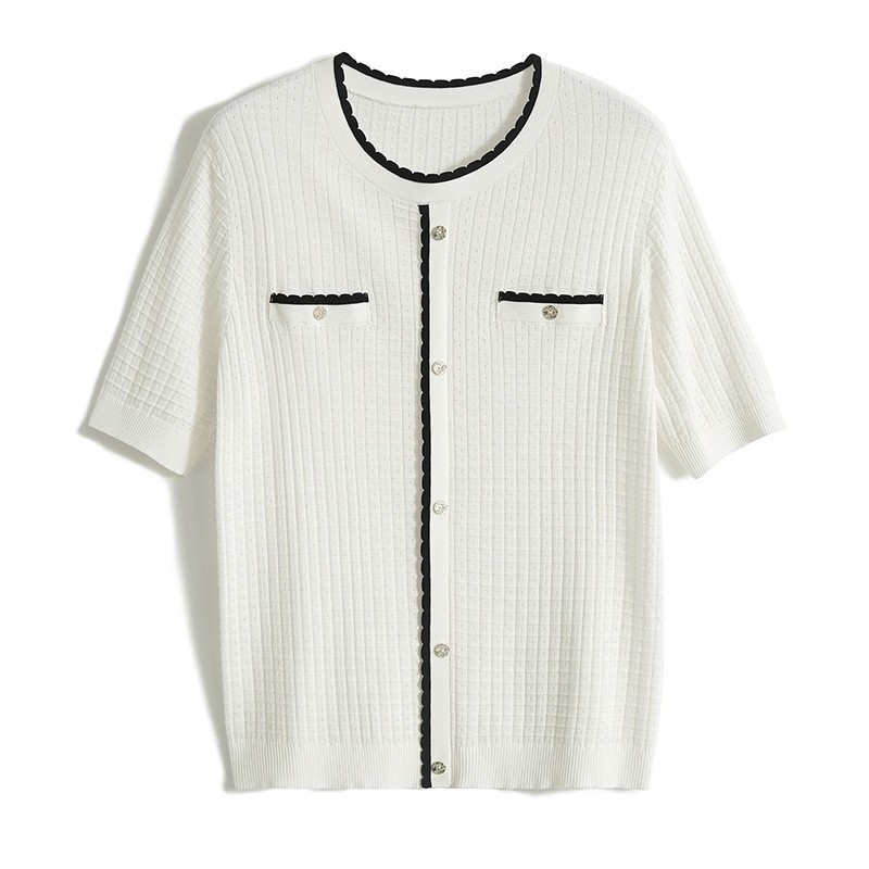 Chanel stil ledeno svilene pletenine za žene, ljeto 2023., nova vrhunska modna majica kratkih rukava, ženska tanka odjeća u japanskom stilu