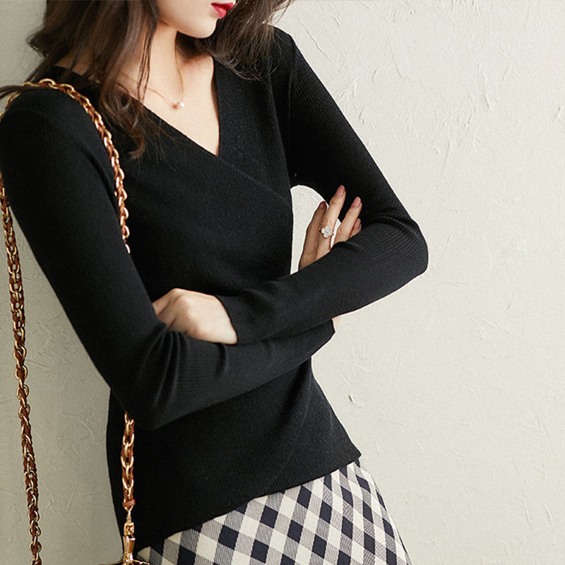 Ljetni plus size ženski novi pleteni ženski top slim krojem, omotan križnim V izrezom, proljetni i jesenski top