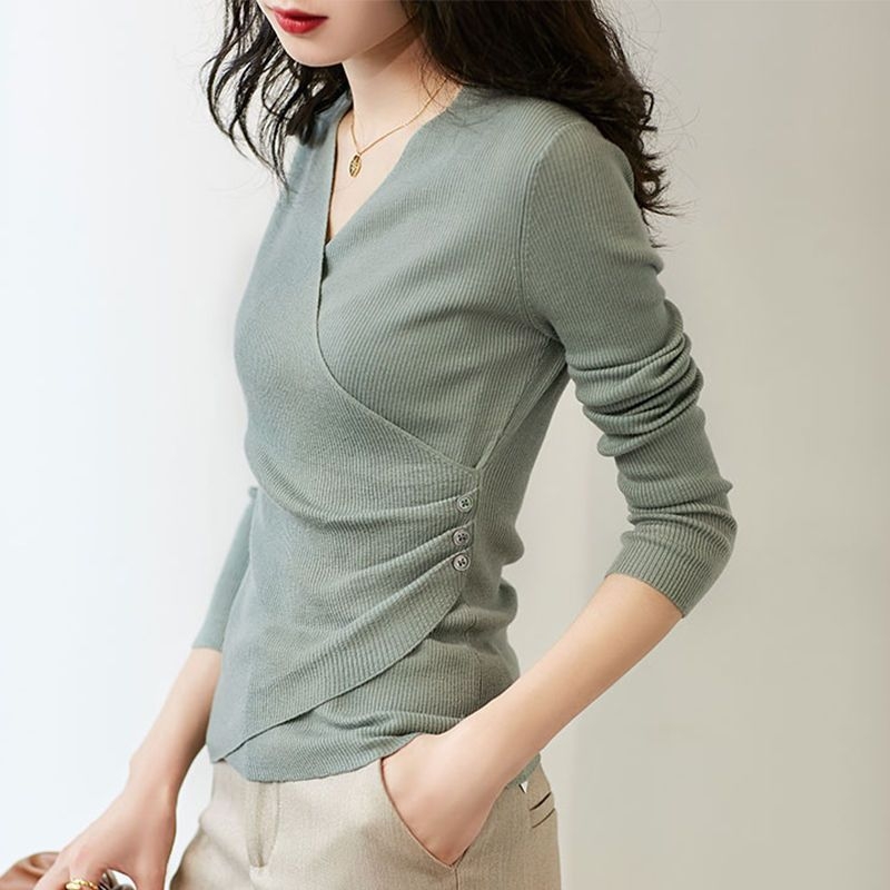 Ljetni plus size ženski novi pleteni ženski top slim krojem, omotan križnim V izrezom, proljetni i jesenski top