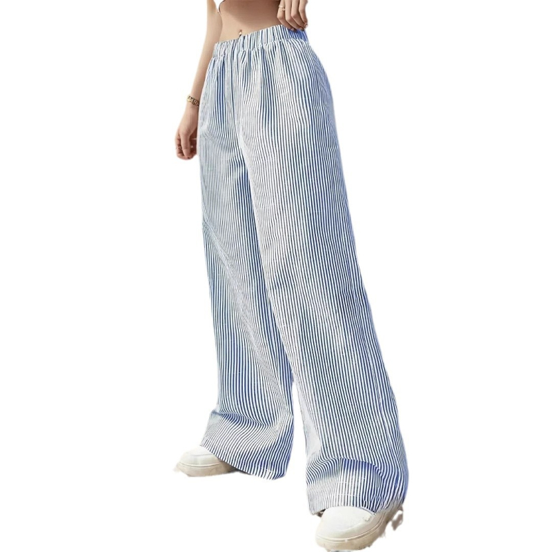 Nove ženske prugaste ležerne široke hlače s gumenim strukom, ravne, europske i američke
