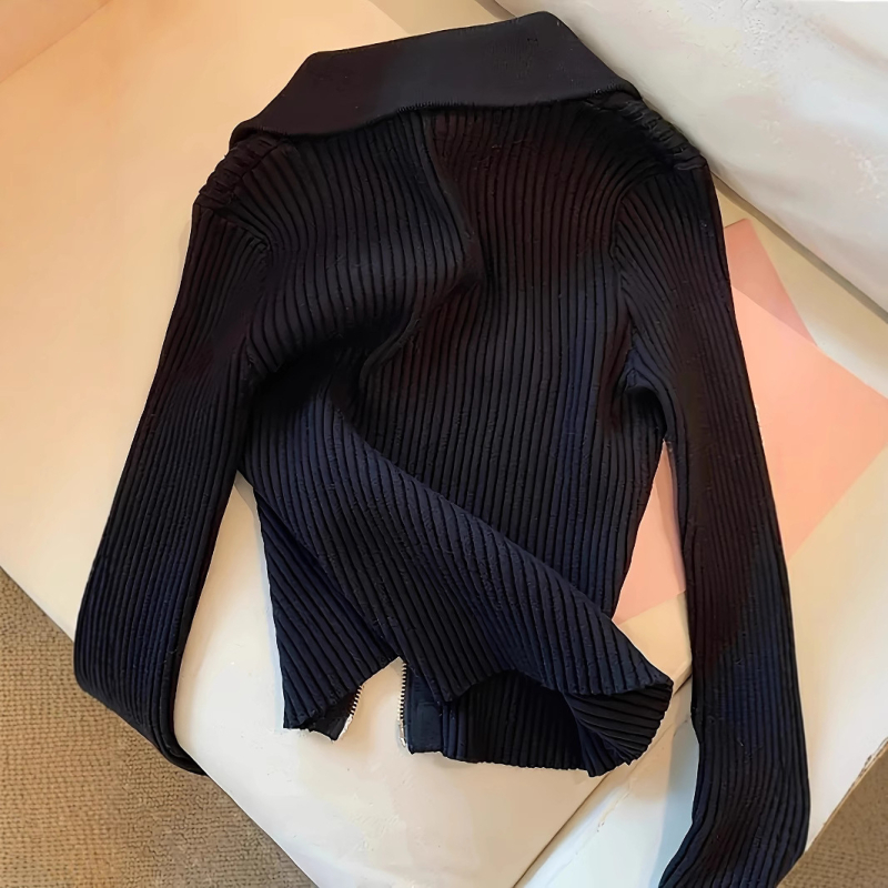 Amazonov prekogranični popularni modni proljetni i jesenski rever s patentnim zatvaračem, rastezljivi rebrasti pleteni uski kardigan dugih rukava za žene