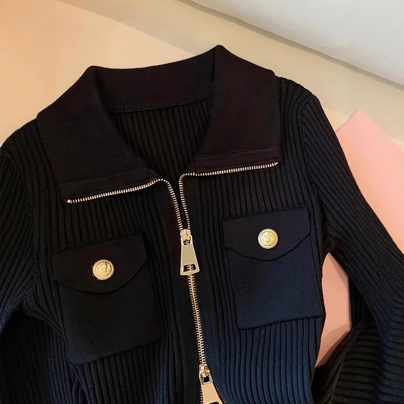 Amazonov prekogranični popularni modni proljetni i jesenski rever s patentnim zatvaračem, rastezljivi rebrasti pleteni uski kardigan dugih rukava za žene