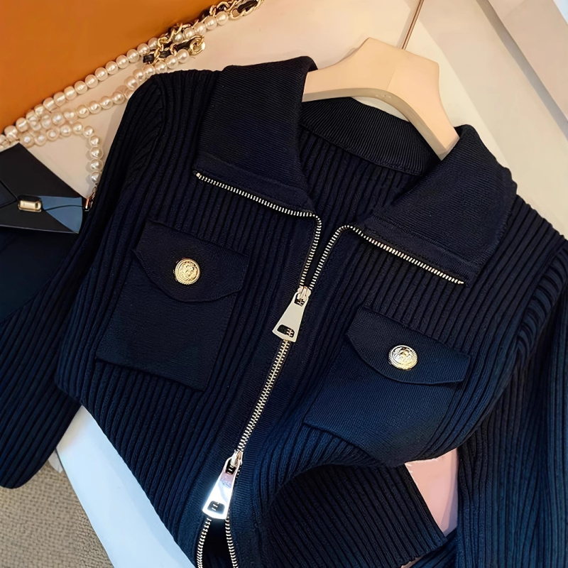 Amazonov prekogranični popularni modni proljetni i jesenski rever s patentnim zatvaračem, rastezljivi rebrasti pleteni uski kardigan dugih rukava za žene