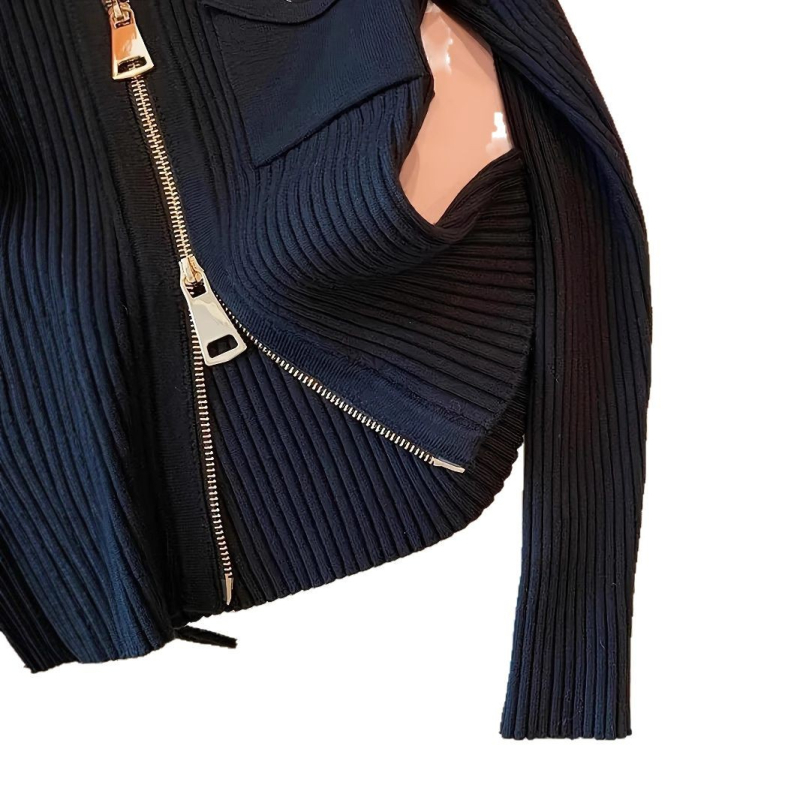 Amazonov prekogranični popularni modni proljetni i jesenski rever s patentnim zatvaračem, rastezljivi rebrasti pleteni uski kardigan dugih rukava za žene