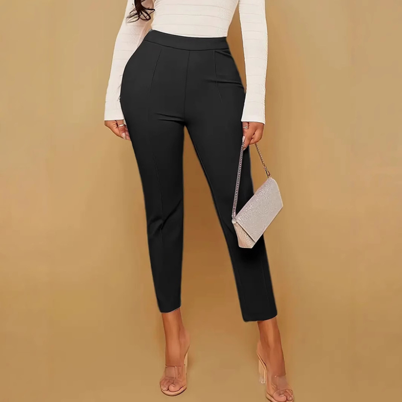 2025 m. „Amazon“ plius dydžio laisvalaikio aukšto juosmens kelnės, temperamentingos, darbinės, naujos tiesios juodos kelnės, demonstruojančios figūrą.