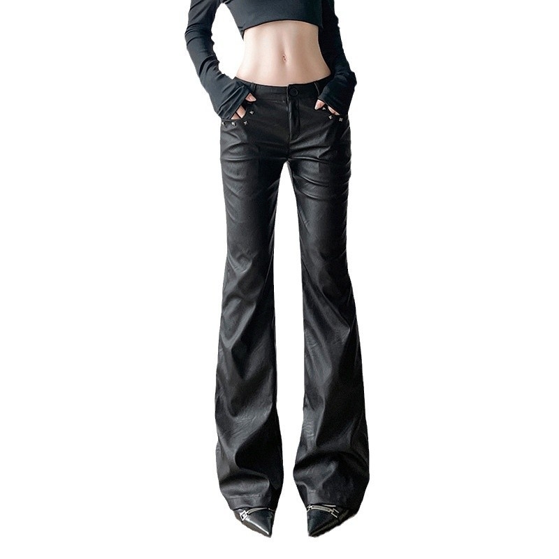 Ženske uske ravne hlače s niskim strukom i zakovicama europskog i američkog stila, nove ulične tamne rock hlače iz 2024.