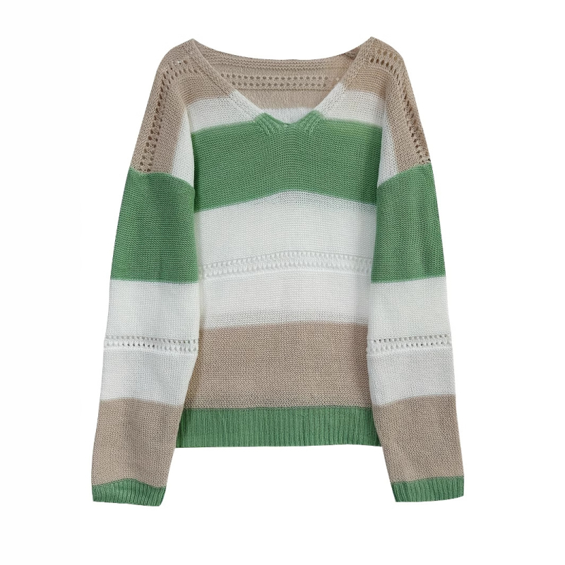 Proljeće i ljeto 2025. Novi europski i američki prekogranični Amazon V-izrez, šivanje osobnosti, modni plus size dugi rukavi, T-needle džemper