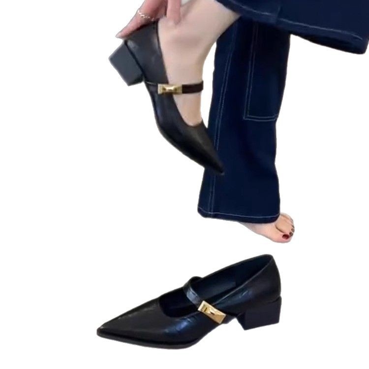 Ženske kožne cipele sa špicastim vrhom, nove proljetne i jesenske ljetne cipele iz 2025., debele, niske i visoke, retro francuske Mary Jane cipele