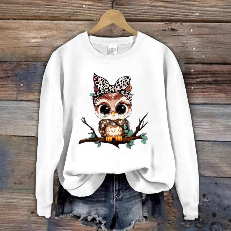 Jednostavna modna slatka majica s uzorkom sove, ležerna, okrugli izrez, dugi rukav, trenirka za žene, nova majica za vanjsku trgovinu