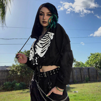 Határokon átnyúló Amazon Halloween Punk Divat Szegycsont Nyomtatás Kapucnis Derék Rövid Melegítő Vicces Vékony Külső