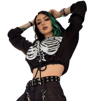 Határokon átnyúló Amazon Halloween Punk Divat Szegycsont Nyomtatás Kapucnis Derék Rövid Melegítő Vicces Vékony Külső